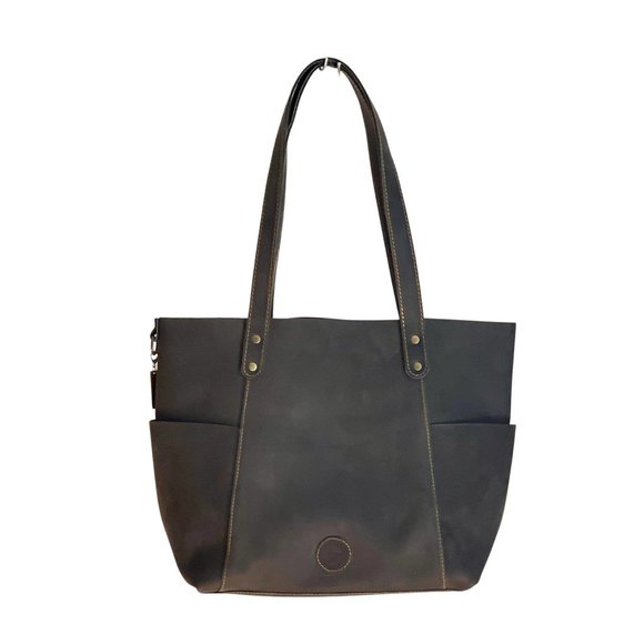 Handmade Stylish Off Black Leather Tote Bag with Pockets - Picture 5 of 6